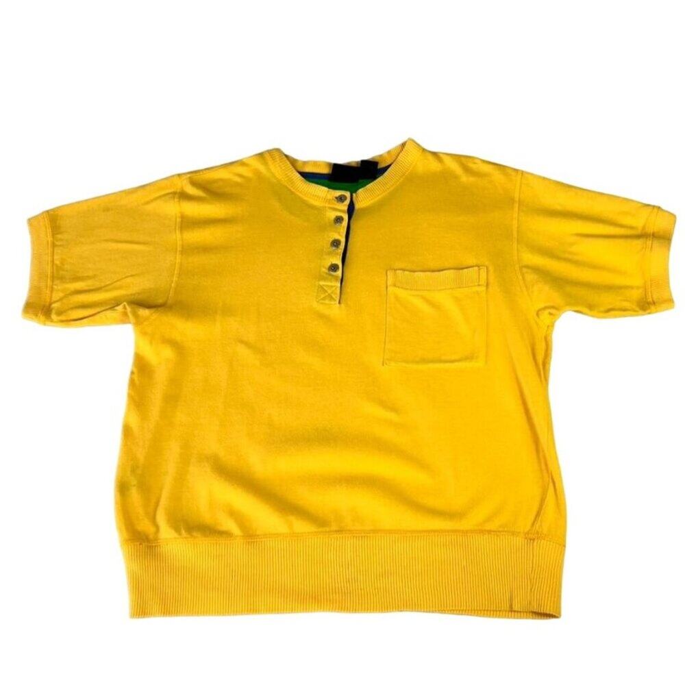 Liz Sport T Shirt Women Small Petite Yellow Short Sleeve Henley Tee 80s, 90, Y2K